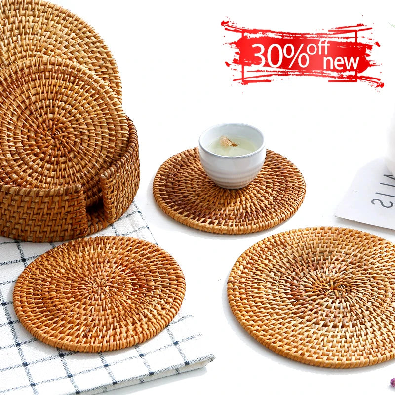 Conjunto de 1 a 6 Peças - Porta-Copos Redondo de Rattan Natural de 8-20cm