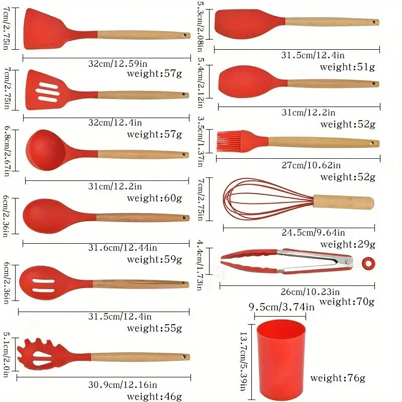 Conjunto 12 peças de Utensílios de Cozinha em Silicone com Cabo de Madeira